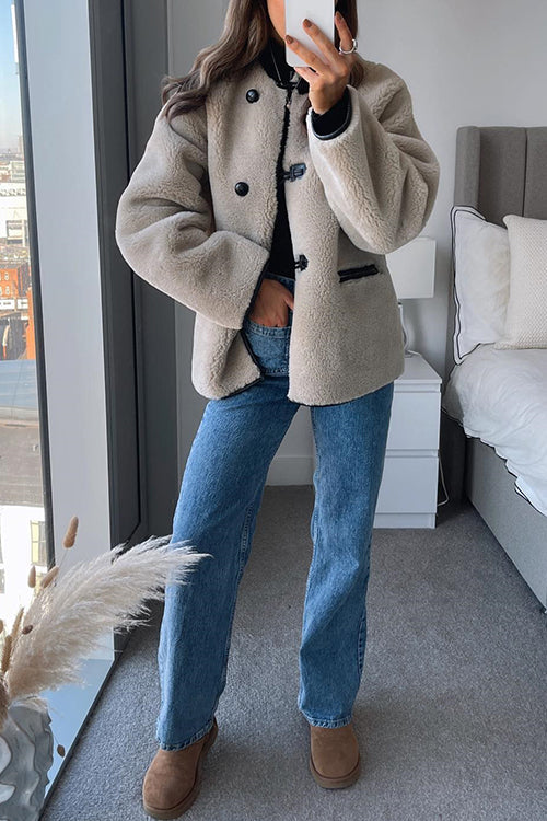 Button Down Pocketed Faux Fur Fleece Coat