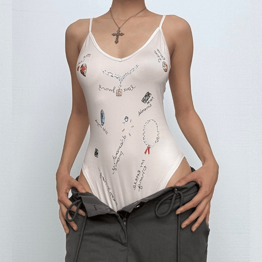 V neck backless print cami bodysuit