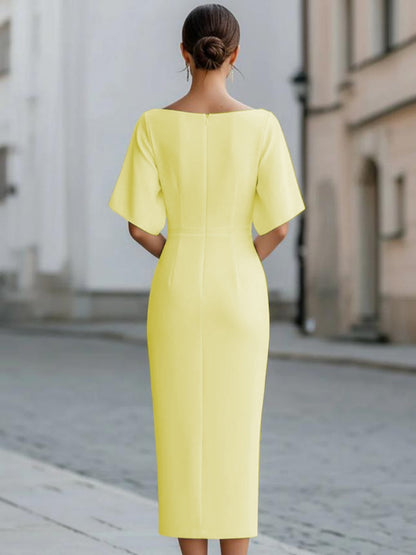 Grace One-shoulder Collar Mid-length Sleeves Slim-fit Midi Dresses