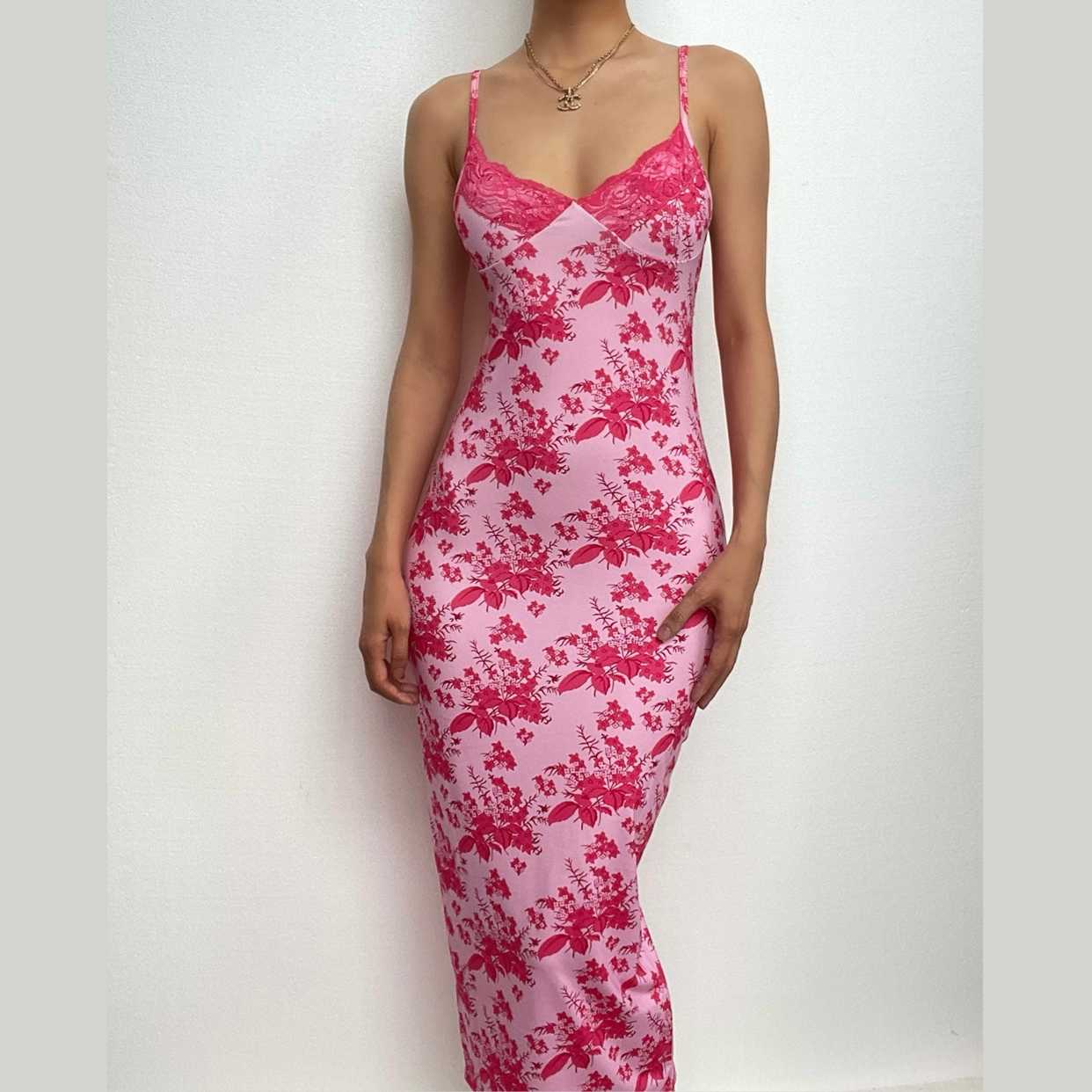 Floral Print Lace Trim Spaghetti Strap V Neck Bodycon Midi Dress