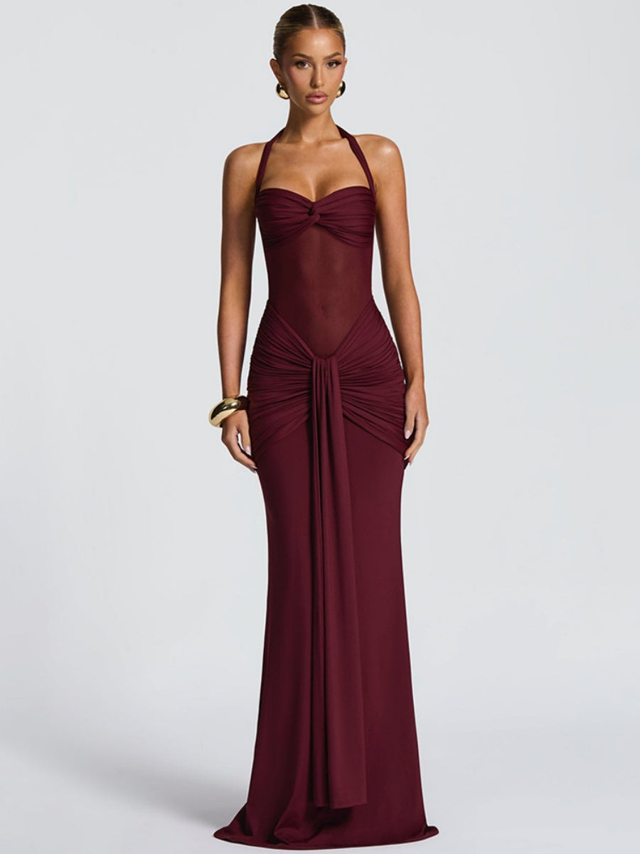 Neckband Lace Up Mesh Formal Dress Maxi Dresses