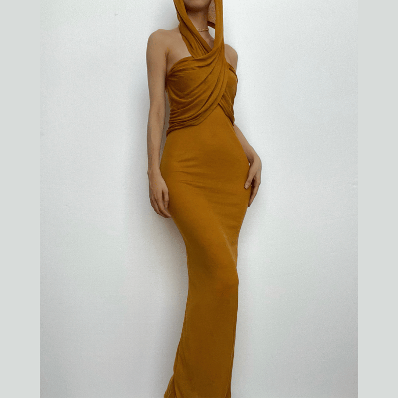 Hooded Cross Halter Ruched Sheer Overlay Bodycon Maxi Dress