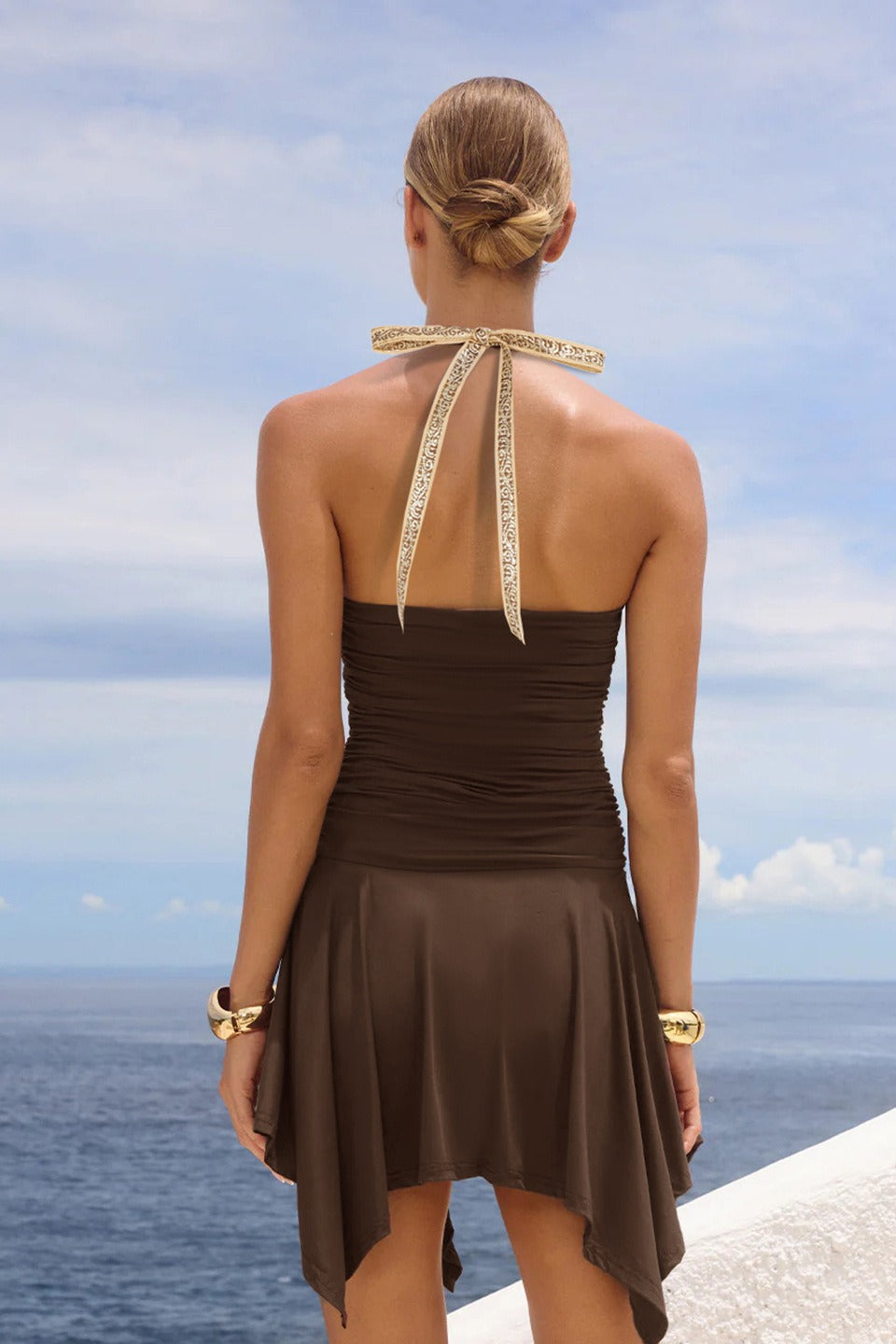 Embroidered Trim Deep V-Neck Ruched Halter Handkerchief Hem Mini Dress