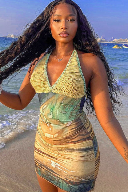 Crochet Halter Abstract Print Mesh Ruched Bodycon Mini Dress