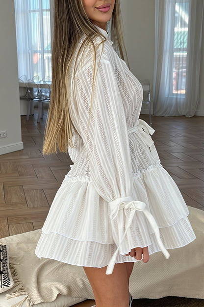 Stand Collar Button Front Lace Stripe Ruffle Cuff Tiered Mini Dress