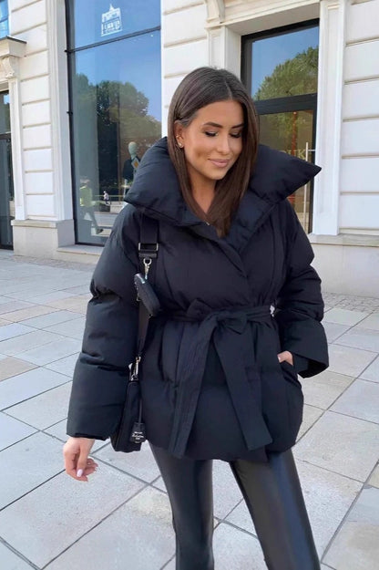 Oversized Solid Color Belted Puffer Jacket