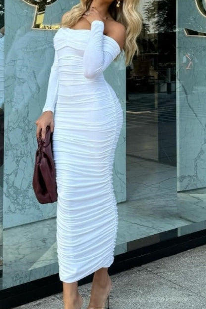 Solid Color Off-Shoulder Ruched Long Sleeve Maxi Dress