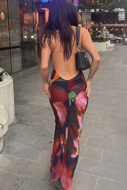 Lace Print Deep V Backless Cami Maxi Dress