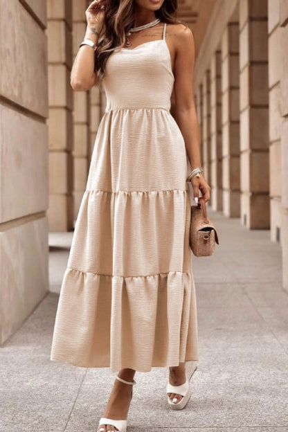 Oatmeal Crossover Backless Bodice Tiered Maxi Dress