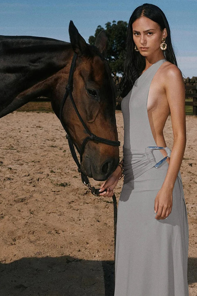 High Neck Backless Side Cutout Ring Buckle Maxi Dress