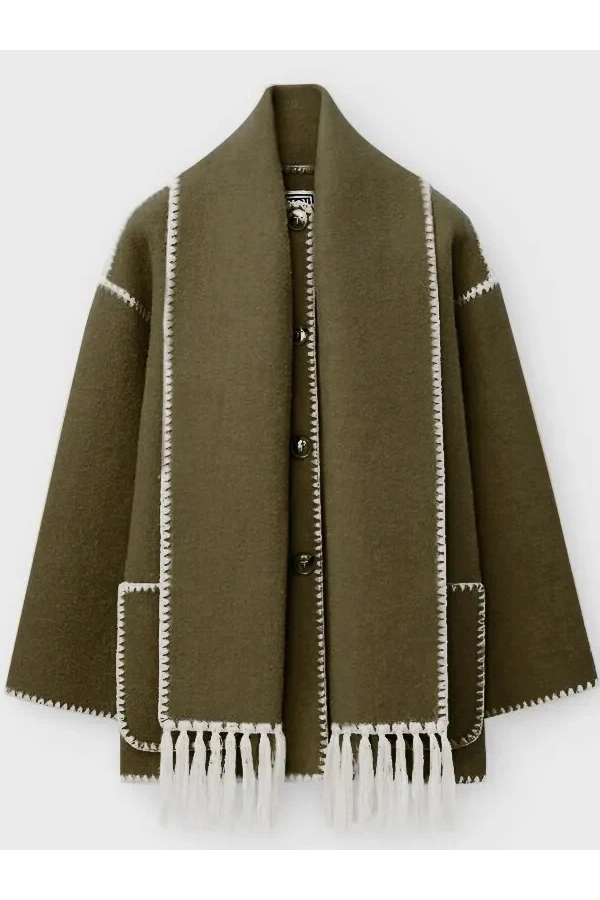 Scarf-Neckline Felt Woolen Coat