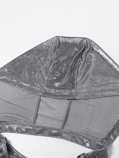 Metallic Eyelet Buckle Hooded Halter Vest