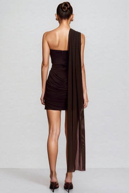 Gevalf Brown Slinky And Mesh Mini Dress