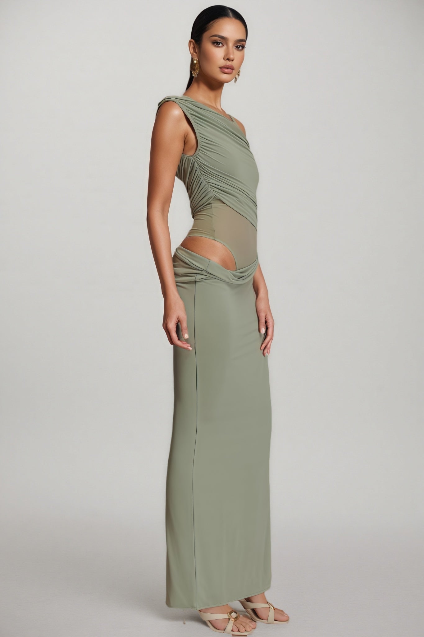 Erynrk Green One Shoulder Slinky Maxi Dress
