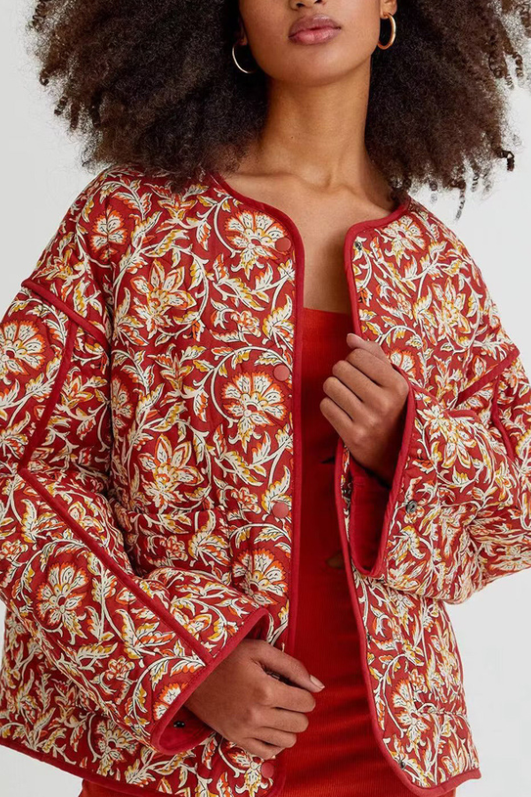 V-neck Floral Print Loose Quilted Cotton Jacket