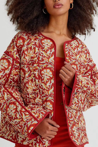 V-neck Floral Print Loose Quilted Cotton Jacket