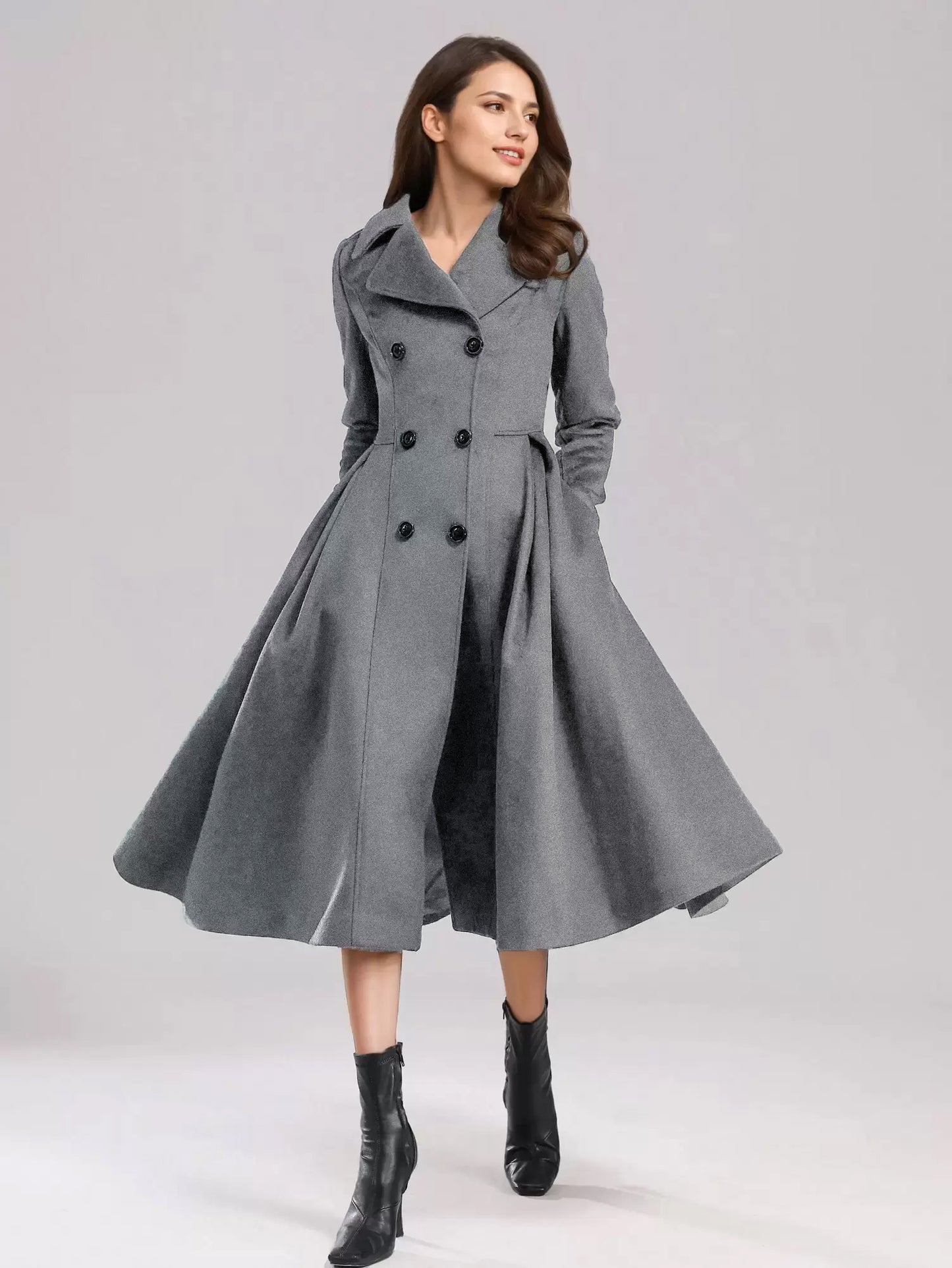 Green Woolen Flared Coat Double-breasted Wide Lapel Winter A-line Midi Outerwear 2026