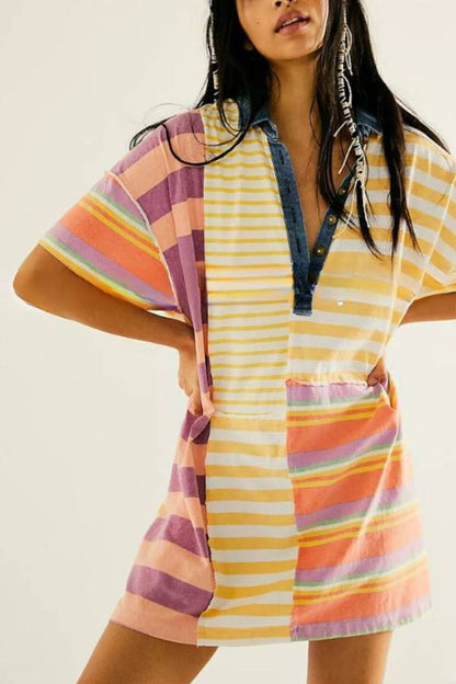 Mid-length Sleeve Lapel Contrast Striped Loose Casual Dress