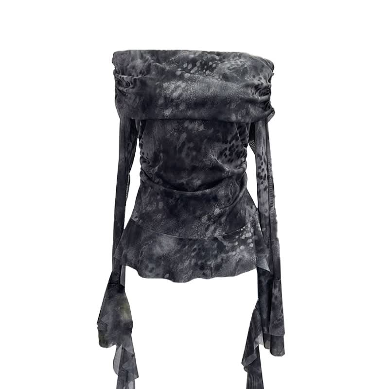 Long sleeve mesh print off shoulder ruched top