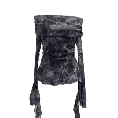 Long sleeve mesh print off shoulder ruched top