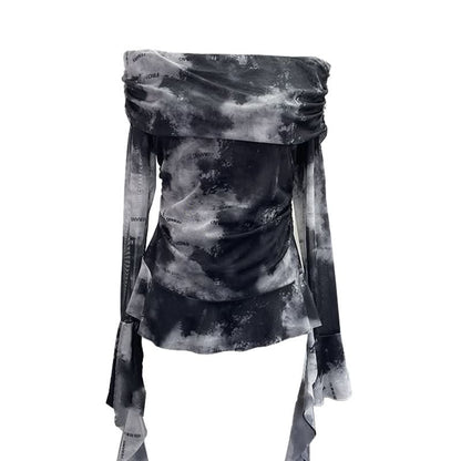 Long sleeve mesh print off shoulder ruched top