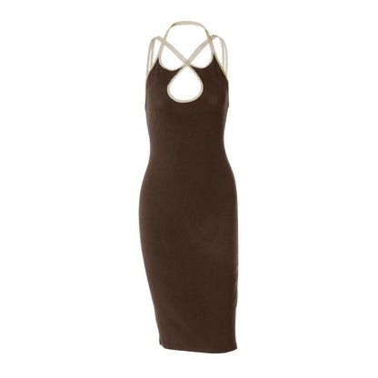 Cross front halter hollow out backless cut out midi dress