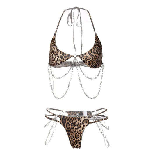 Halter self tie leopard print u neck metal chain pant set