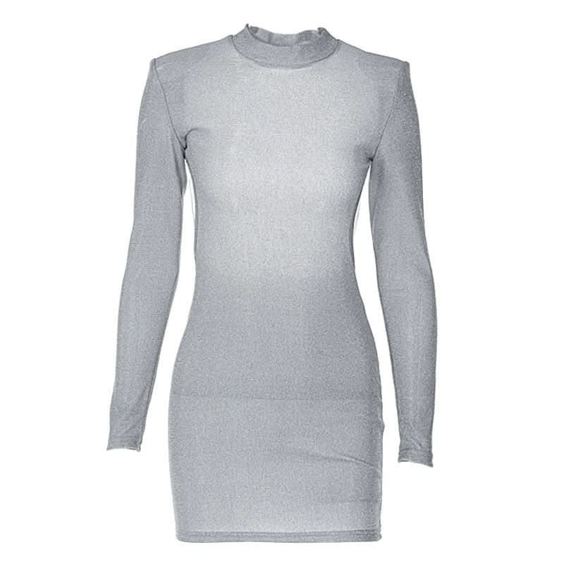 Long sleeve crewneck padded beaded mini dress