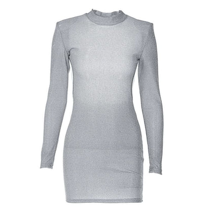 Long sleeve crewneck padded beaded mini dress