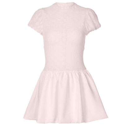 Ruched zip-up crewneck cap sleeve mini dress