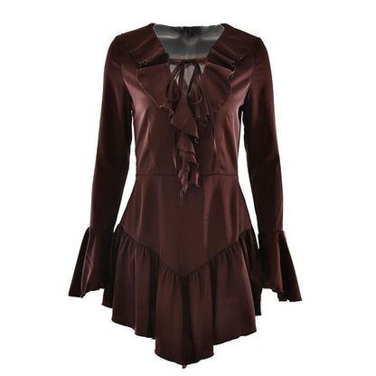 Long flared sleeve satin self tie ruffle ruched mini dress