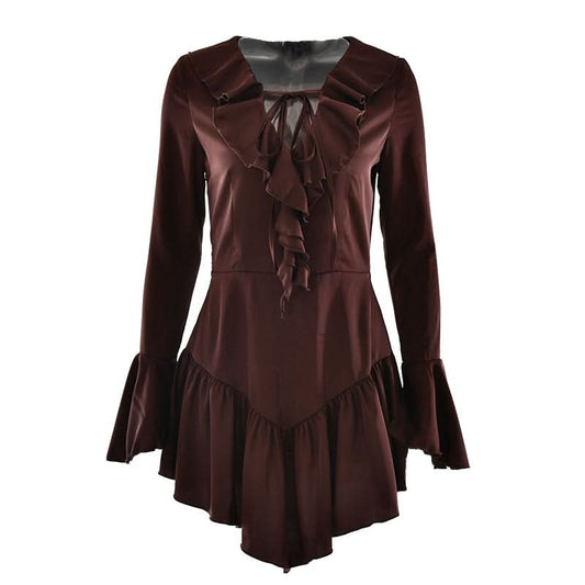 Long flared sleeve satin self tie ruffle ruched mini dress