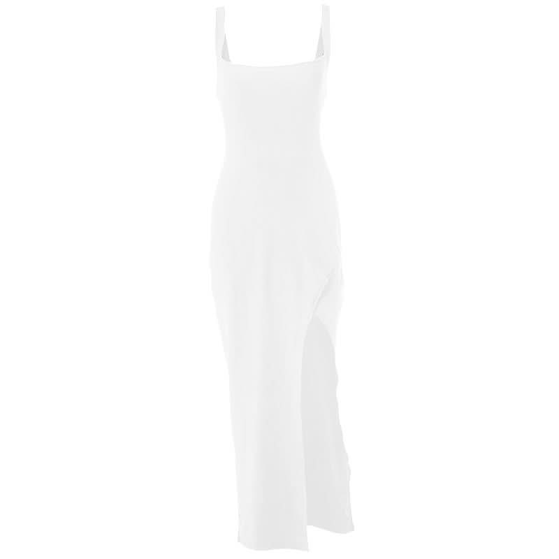 Slit square neck irregular self tie ruched midi dress