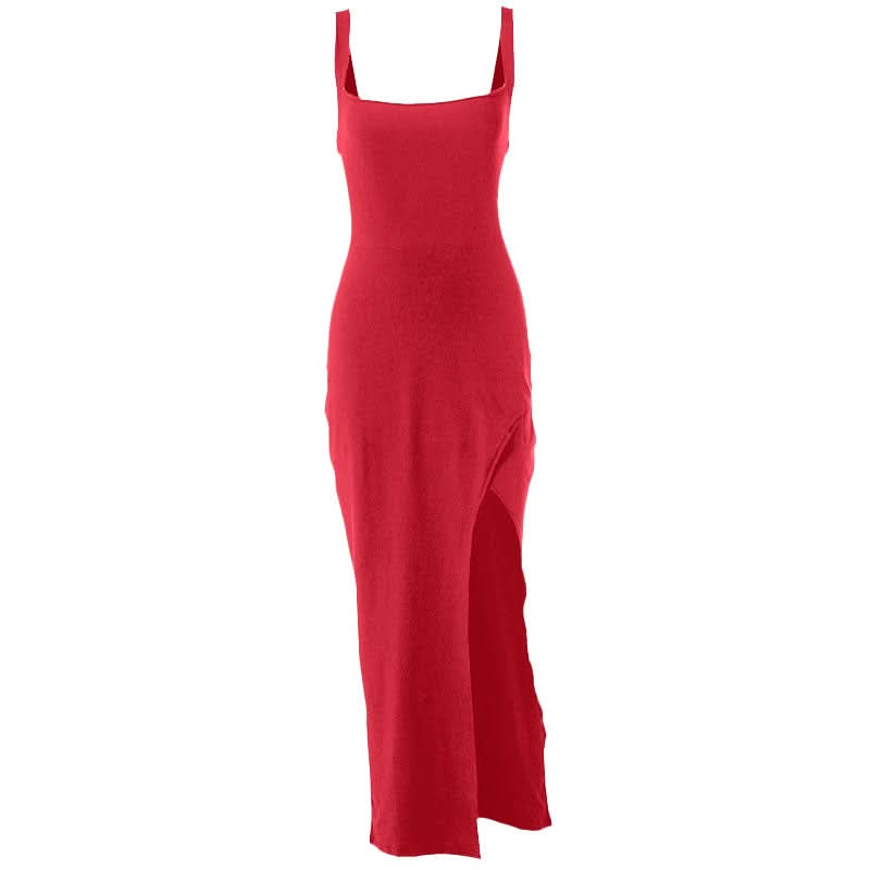 Slit square neck irregular self tie ruched midi dress