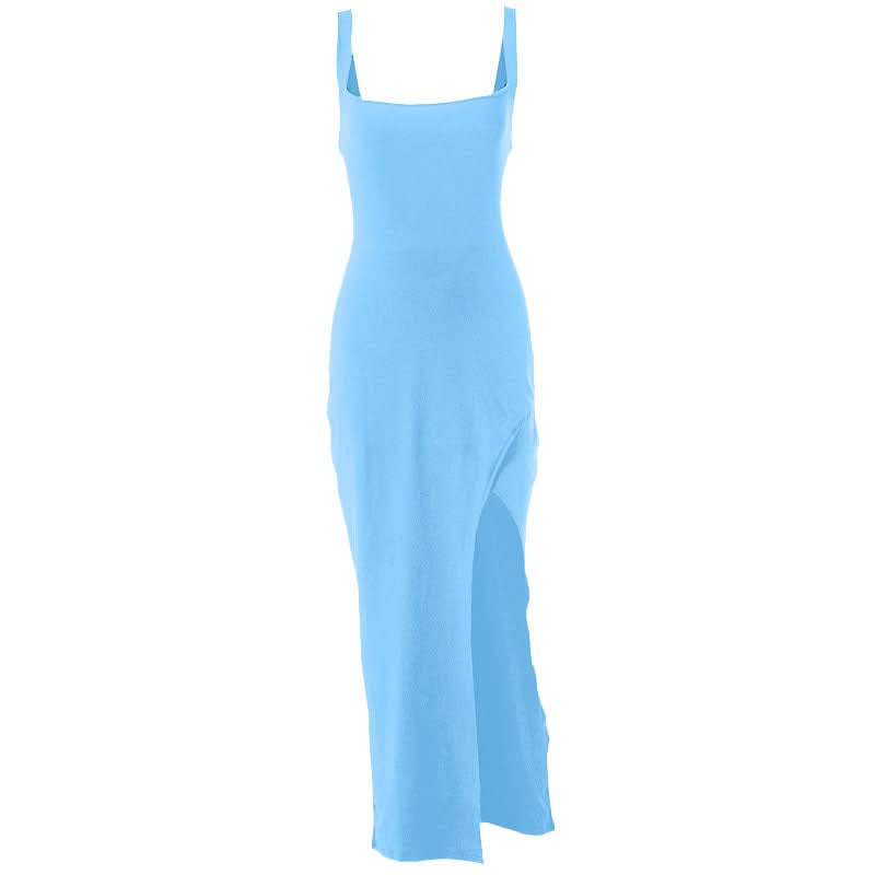 Slit square neck irregular self tie ruched midi dress