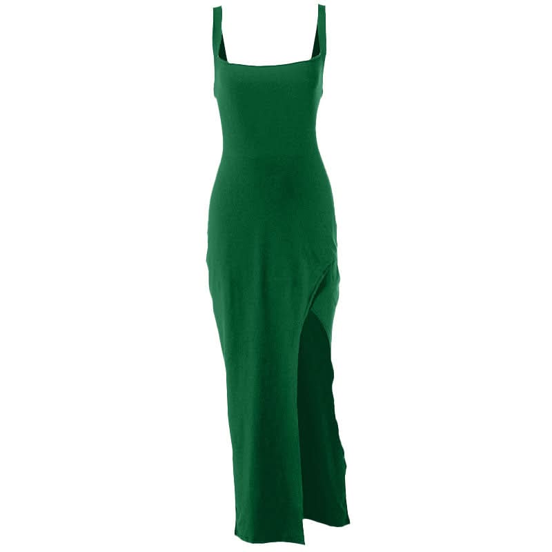 Slit square neck irregular self tie ruched midi dress