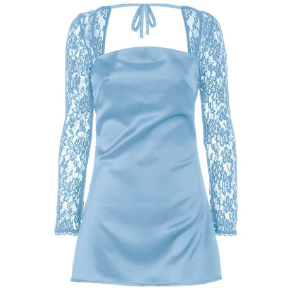 Long sleeve lace square neck self tie satin mini dress
