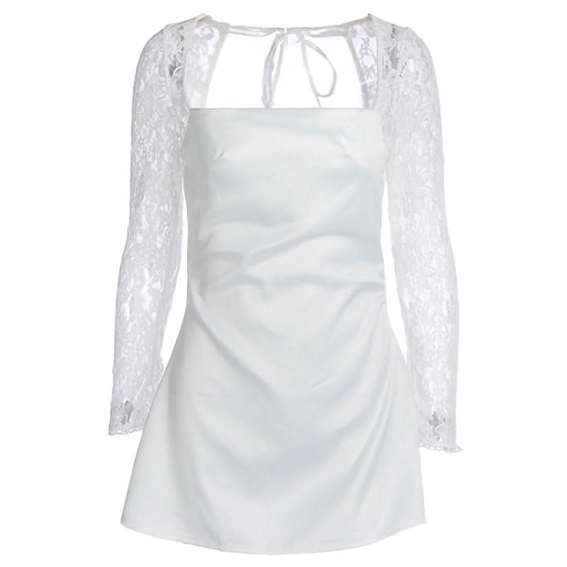 Long sleeve lace square neck self tie satin mini dress