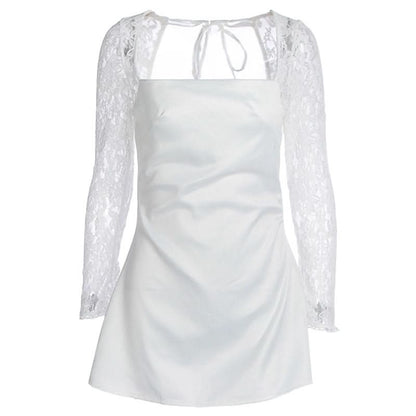 Long sleeve lace square neck self tie satin mini dress