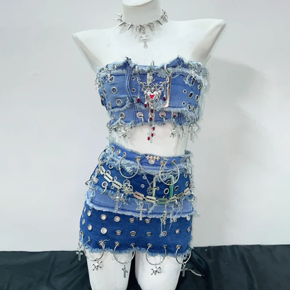 Denim o ring raw hem mini skirt set