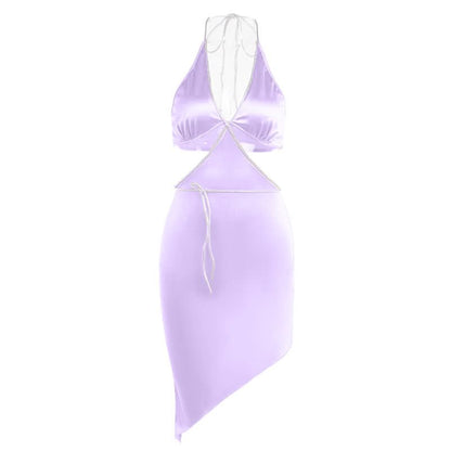 Halter self tie irregular deep V neck mini dress