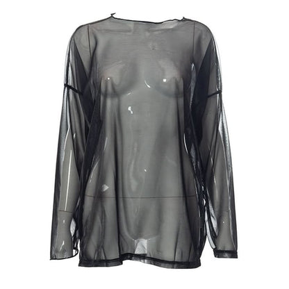 Long sleeve sheer mesh crewneck contrast top