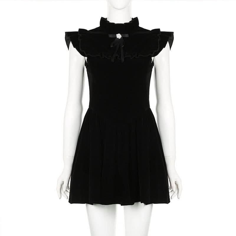 Ruffle bowknot cap sleeve zip-up velvet mini dress