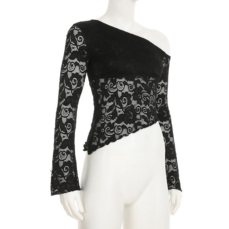 Irregular long sleeve lace one shoulder solid top