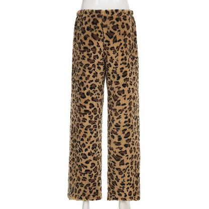Drawstring leopard print fluffy low rise straight leg pant