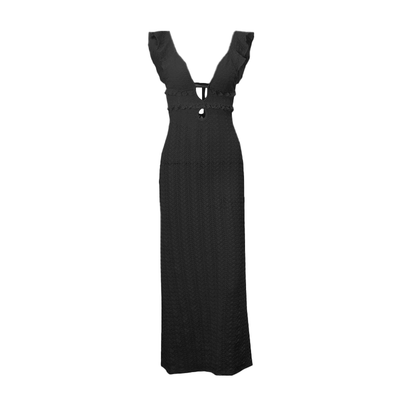 V neck hollow out self tie ruffle cut out maxi dress