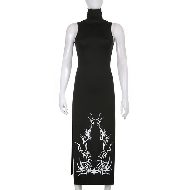 High neck slit abstract contrast midi dress