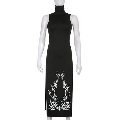 High neck slit abstract contrast midi dress