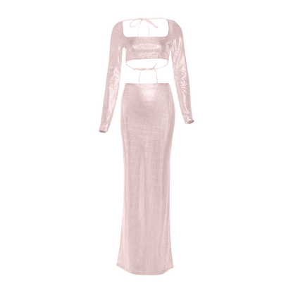 Long sleeve square neck self tie plaid maxi skirt set