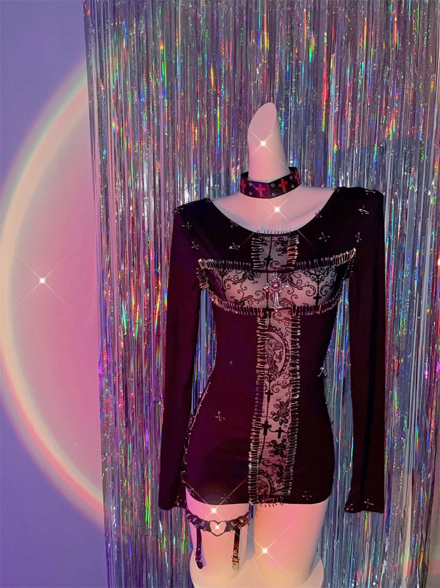 3 piece long sleeve halter cross applique top